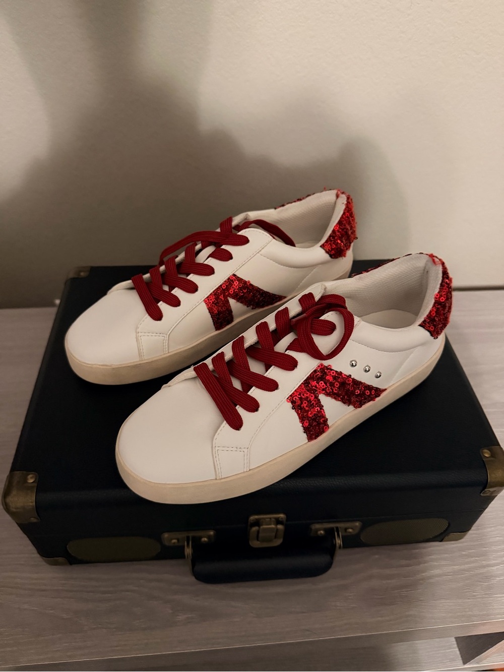 White Sneakers with Red Sequin Accents and Red Laces